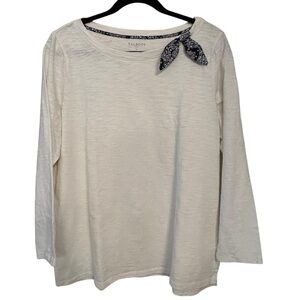 Talbots White Long Sleeve Cotton Slub Tee with Bandana Bow and Trim Size X